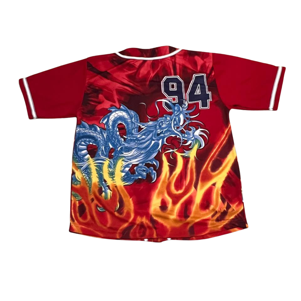 Vintage Y2k Urban Rags Dragon Flame Fire Print Button Jersey