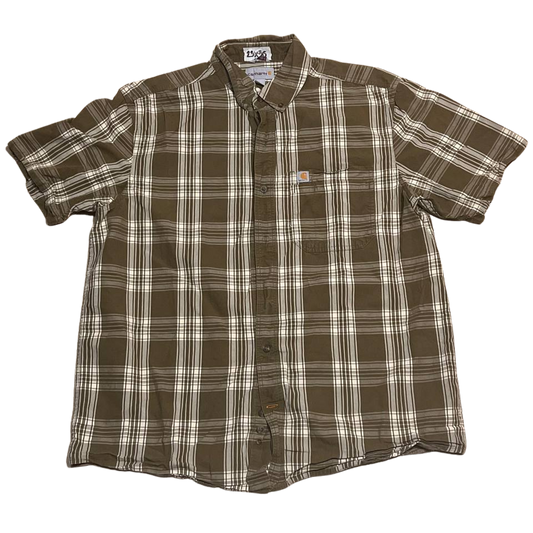 Carhartt Mens Plaid Short Sleeve Shirt Button Up Pocket Green Casual