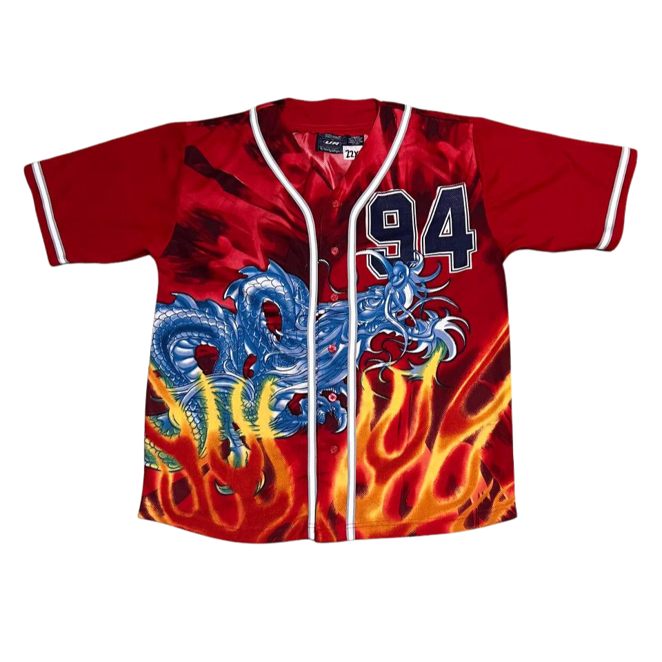 Vintage Y2k Urban Rags Dragon Flame Fire Print Button Jersey